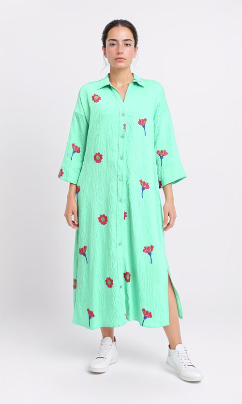 R206093 - Floral Shirt Dress with Side Pockets - Light Green