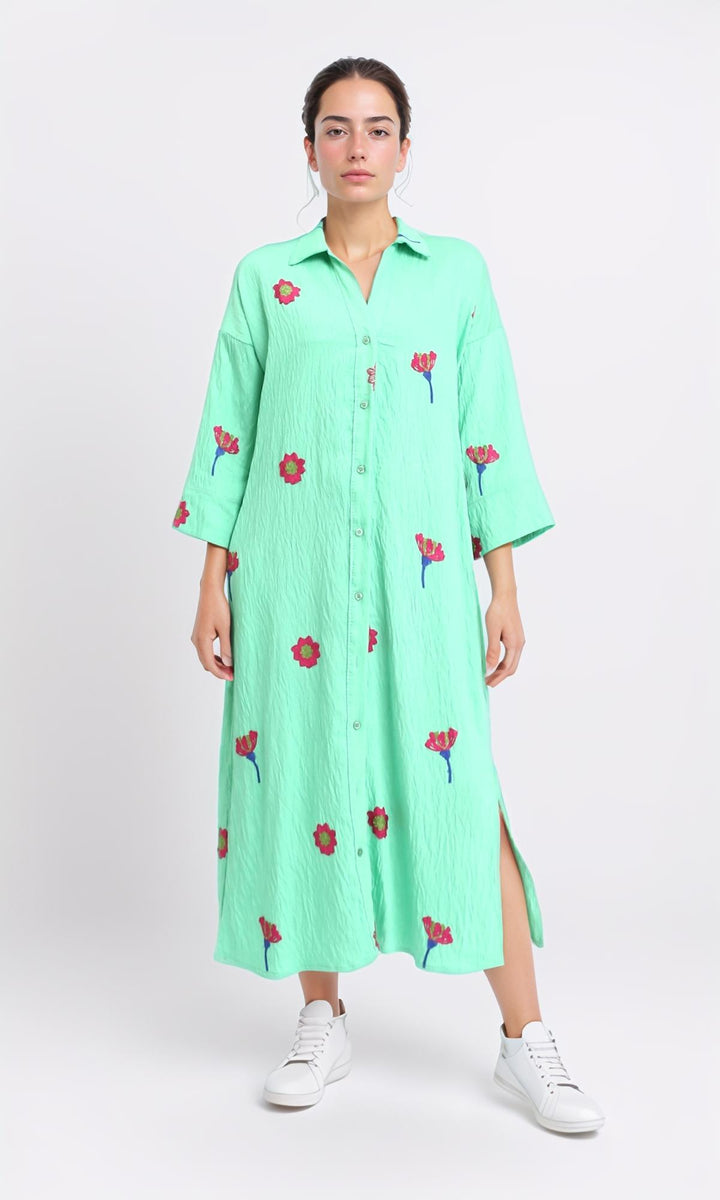 Floral Shirt Dress with Side Pockets - Light Green