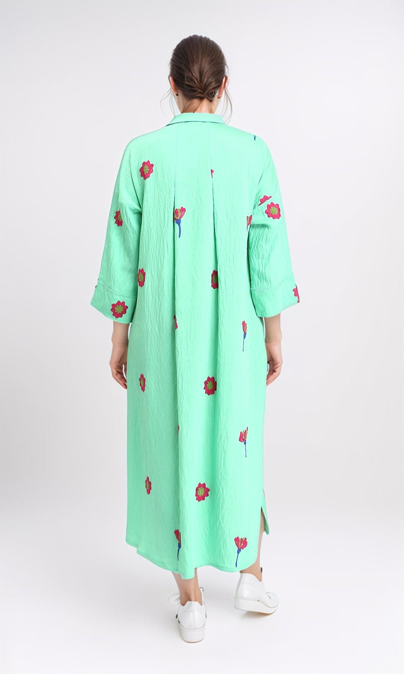R206093 - Floral Shirt Dress with Side Pockets - Light Green
