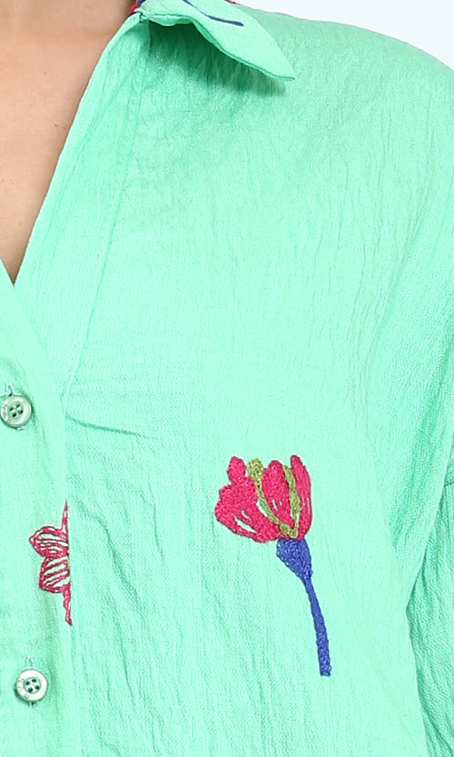 R206093 - Floral Shirt Dress with Side Pockets - Light Green