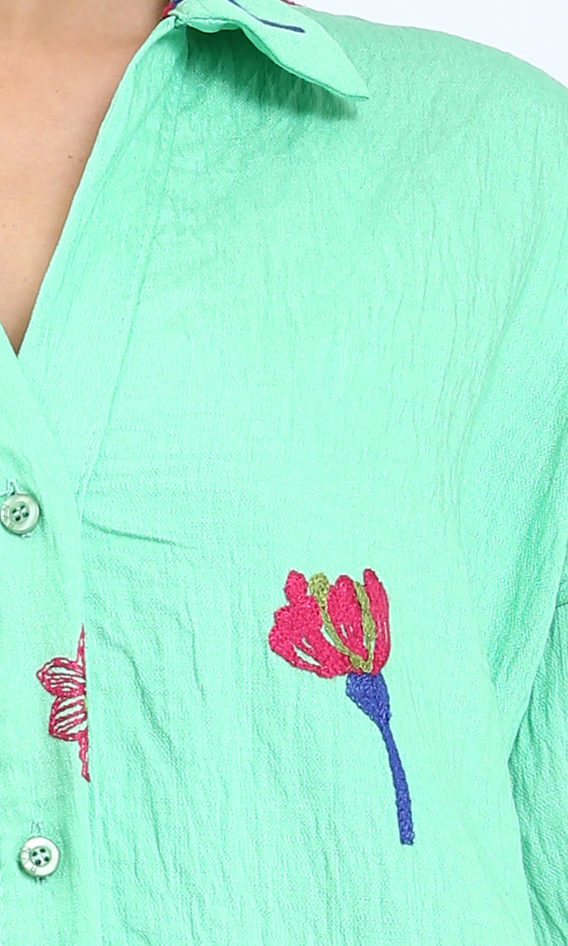 R206093 - Floral Shirt Dress with Side Pockets - Light Green