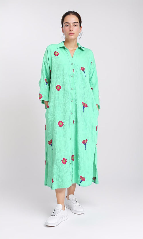 R206093 - Floral Shirt Dress with Side Pockets - Light Green