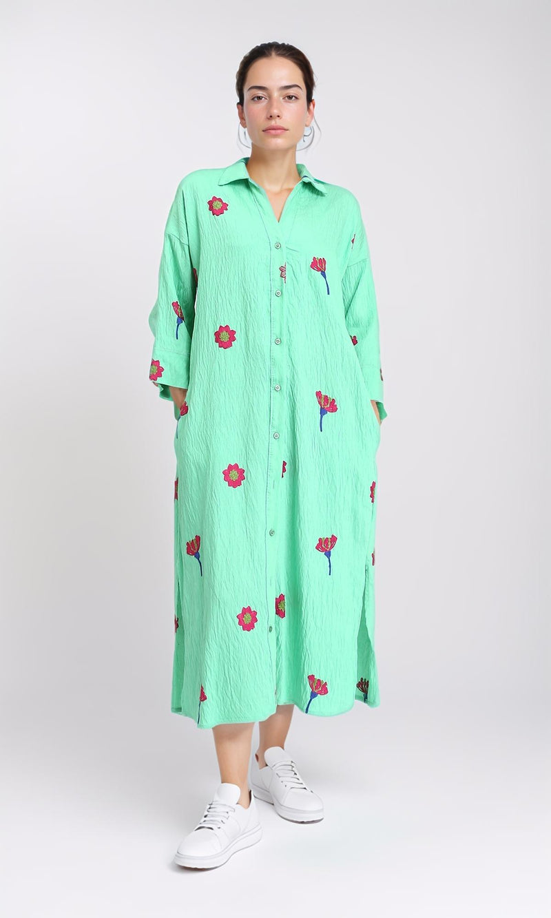 R206093 - Floral Shirt Dress with Side Pockets - Light Green