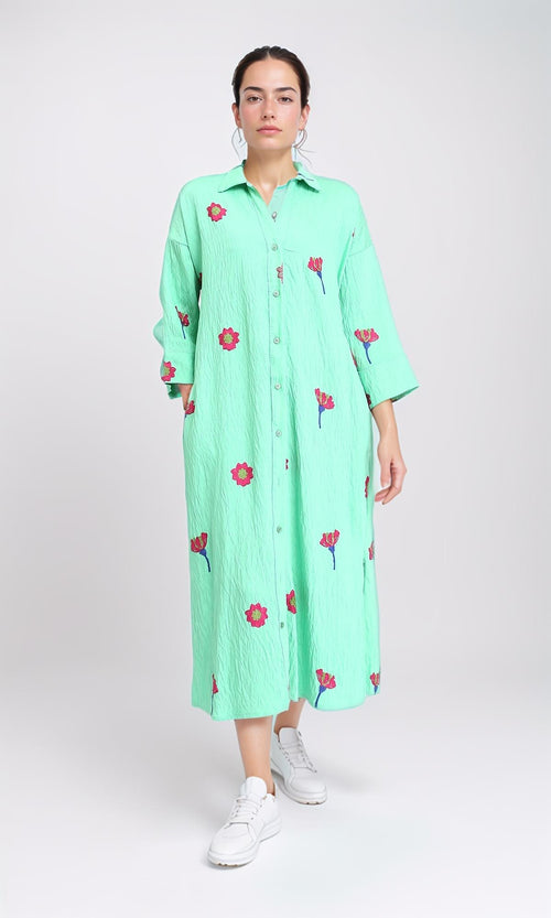 R206093 - Floral Shirt Dress with Side Pockets - Light Green