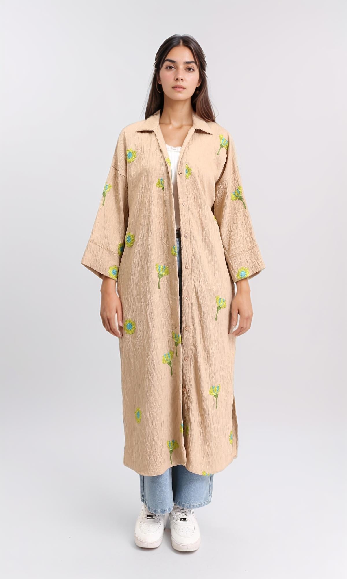 3/4 Sleeves Floral Long Shirt - Dark Camel & Lime