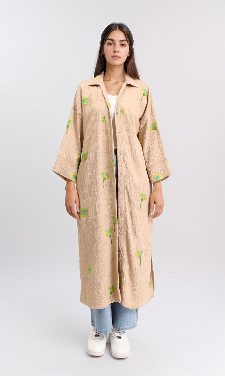 3/4 Sleeves Floral Long Shirt - Dark Camel & Lime