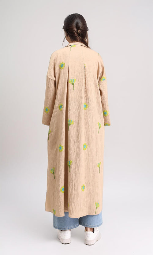 R206095 - 3/4 Sleeves Floral Long Shirt - Dark Camel & Lime