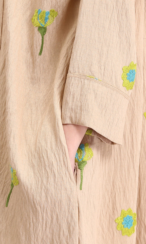 R206095 - 3/4 Sleeves Floral Long Shirt - Dark Camel & Lime