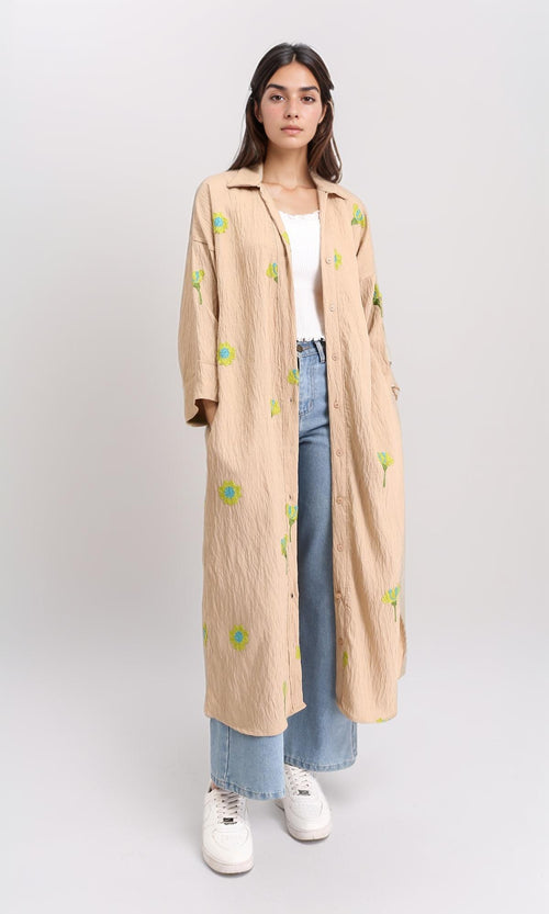 R206095 - 3/4 Sleeves Floral Long Shirt - Dark Camel & Lime