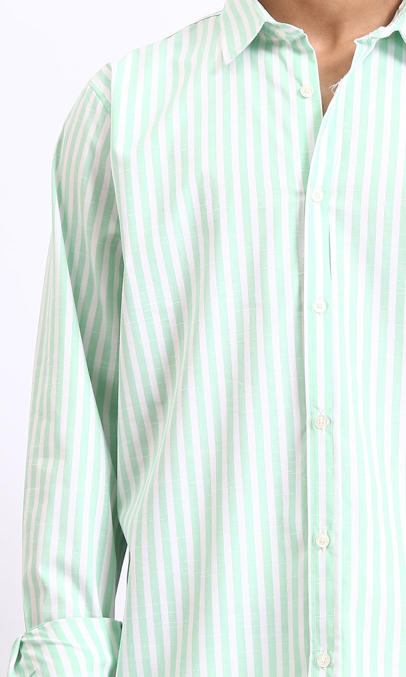 R206111 - Long Sleeves Striped Casual Shirt - Light Green & White