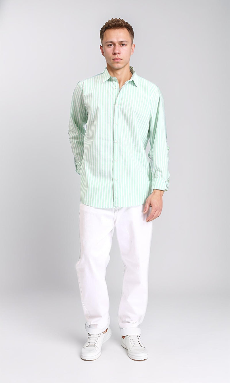 R206111 - Long Sleeves Striped Casual Shirt - Light Green & White