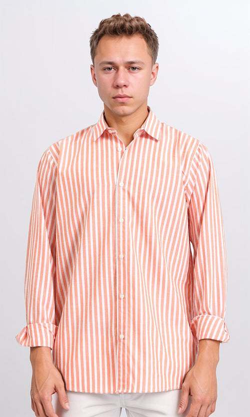 R206112 - Long Sleeves Striped Casual Shirt - Light Orange & White