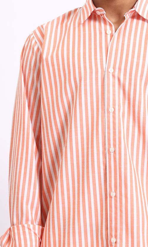 R206112 - Long Sleeves Striped Casual Shirt - Light Orange & White