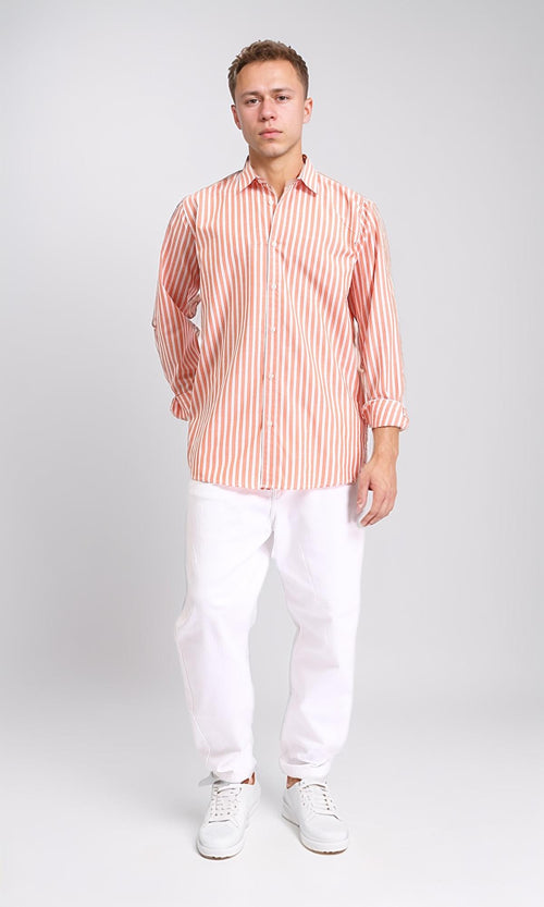 R206112 - Long Sleeves Striped Casual Shirt - Light Orange & White