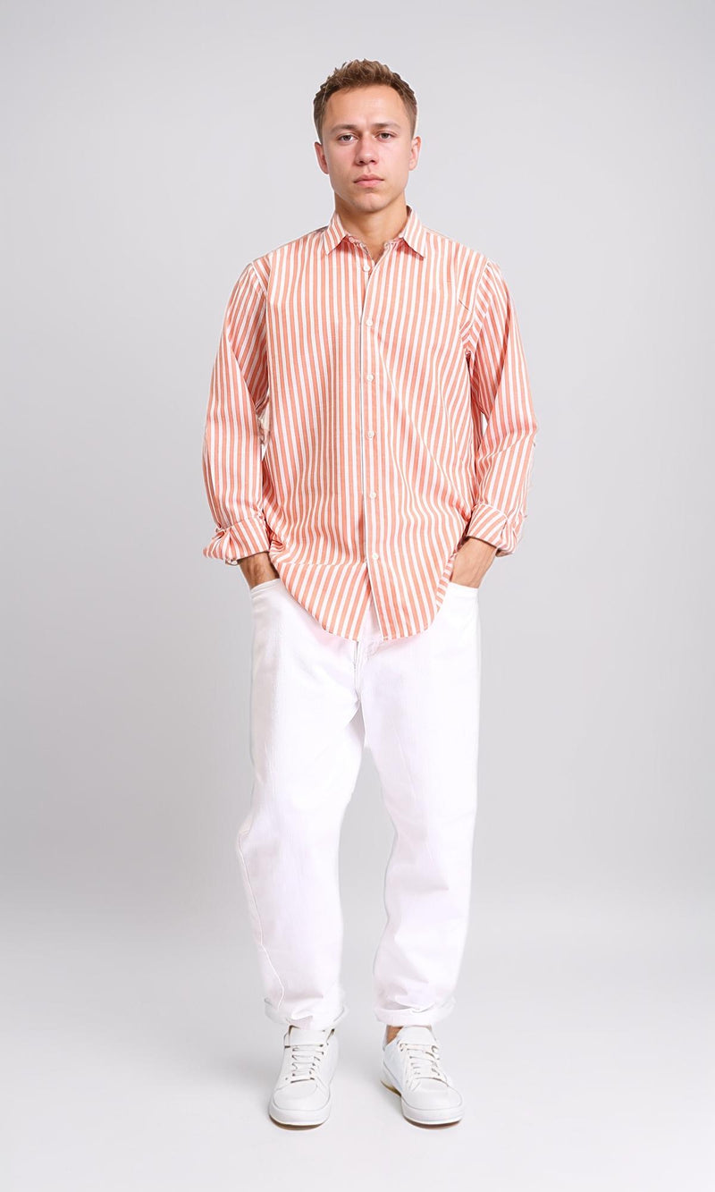 R206112 - Long Sleeves Striped Casual Shirt - Light Orange & White