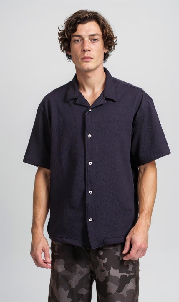 Ready Garment Short-Sleeve Button-Up Shirt - Navy Blue