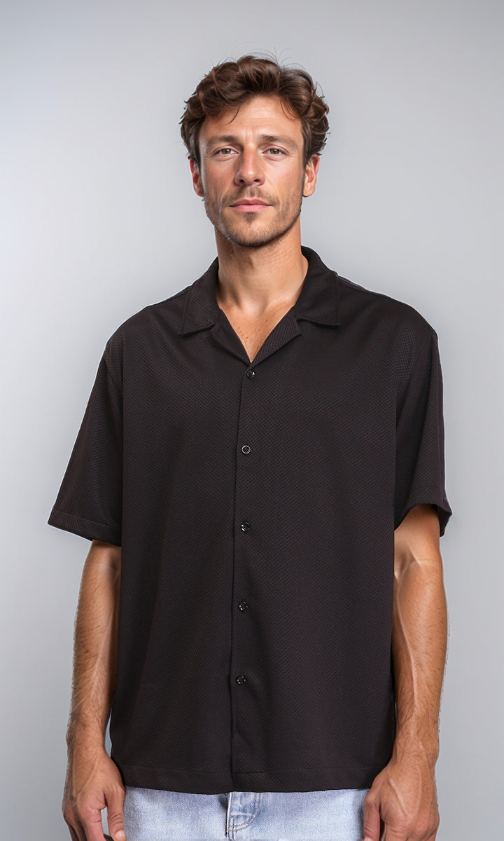 Self Pattern Shirt with Classic Collar - Black