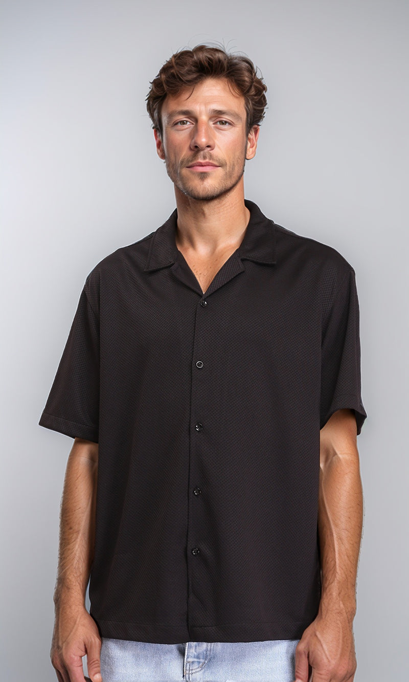 R206333 - Self Pattern Shirt with Classic Collar - Black