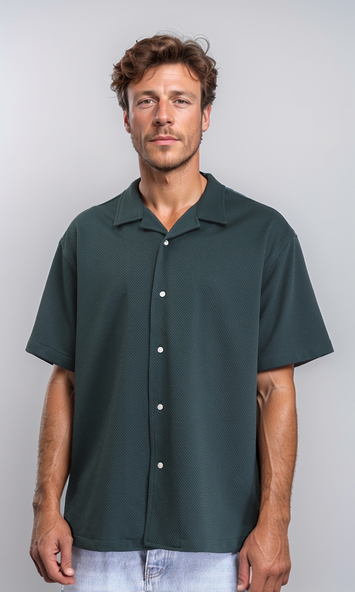 Self Pattern Shirt with Classic Collar - Forest Green