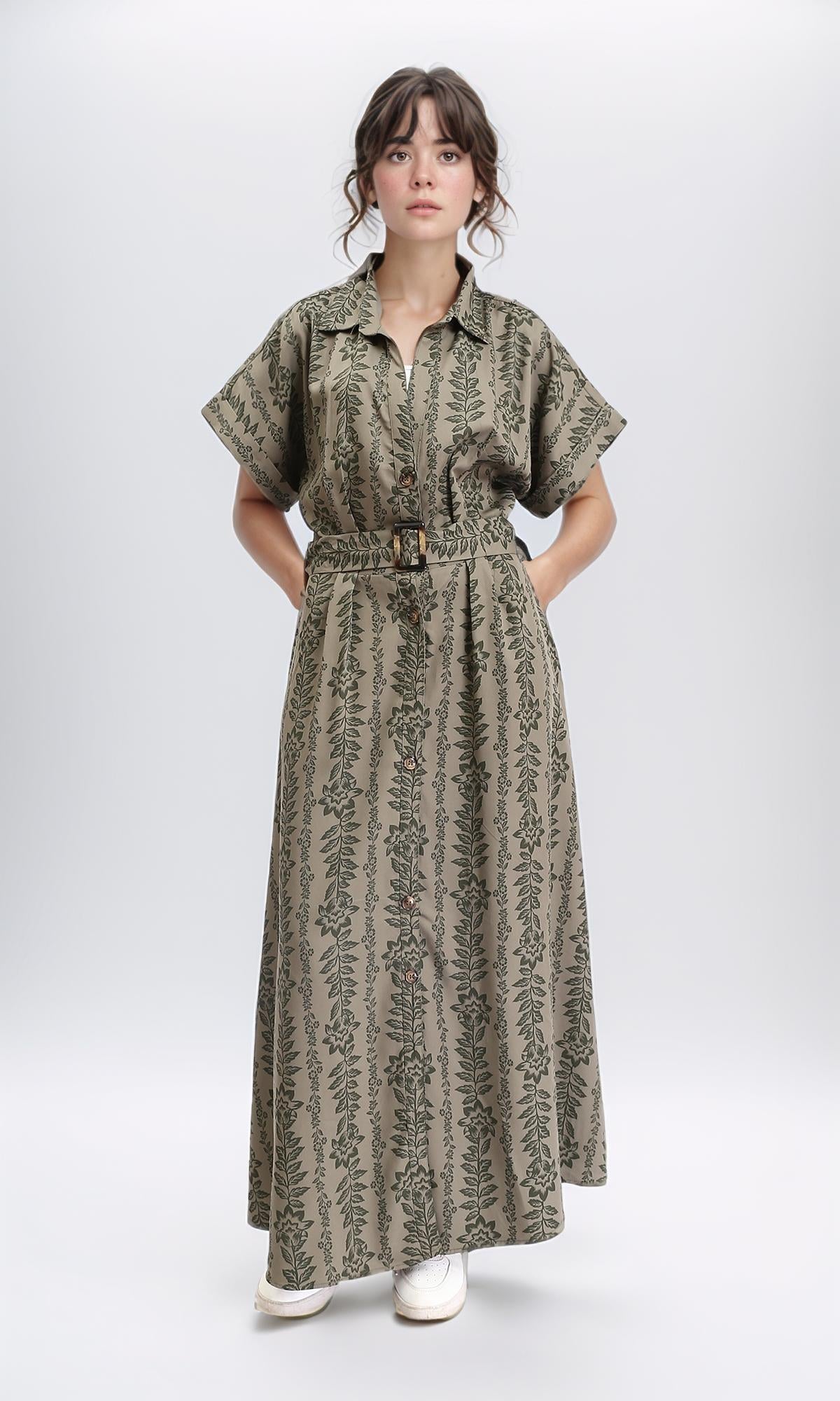 R206339 - Short Sleeves Dress with Classic Collar - Olive