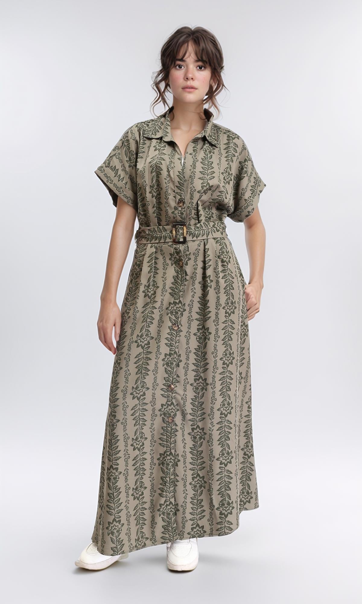 R206339 - Short Sleeves Dress with Classic Collar - Olive