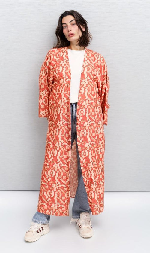 R206341 - Printed Rayon Kimono - Red & Beige
