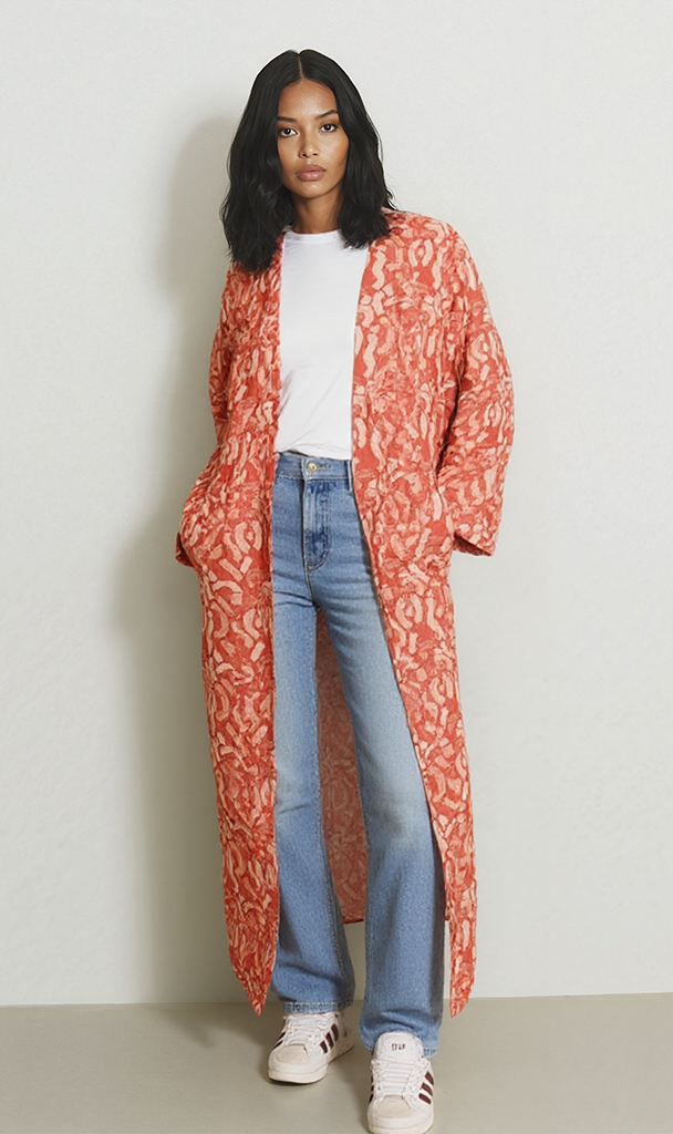 Printed Rayon Kimono - Red & Beige