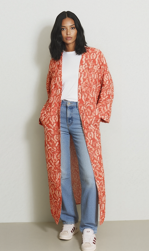 R206341 - Printed Rayon Kimono - Red & Beige