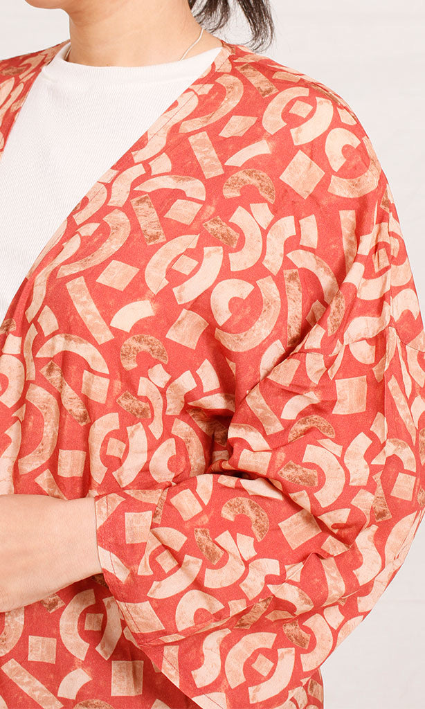 R206341 - Printed Rayon Kimono - Red & Beige