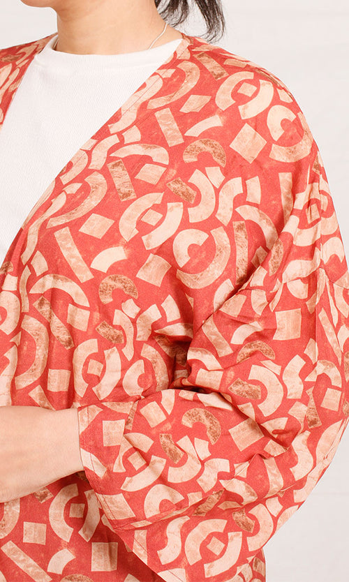 R206341 - Printed Rayon Kimono - Red & Beige
