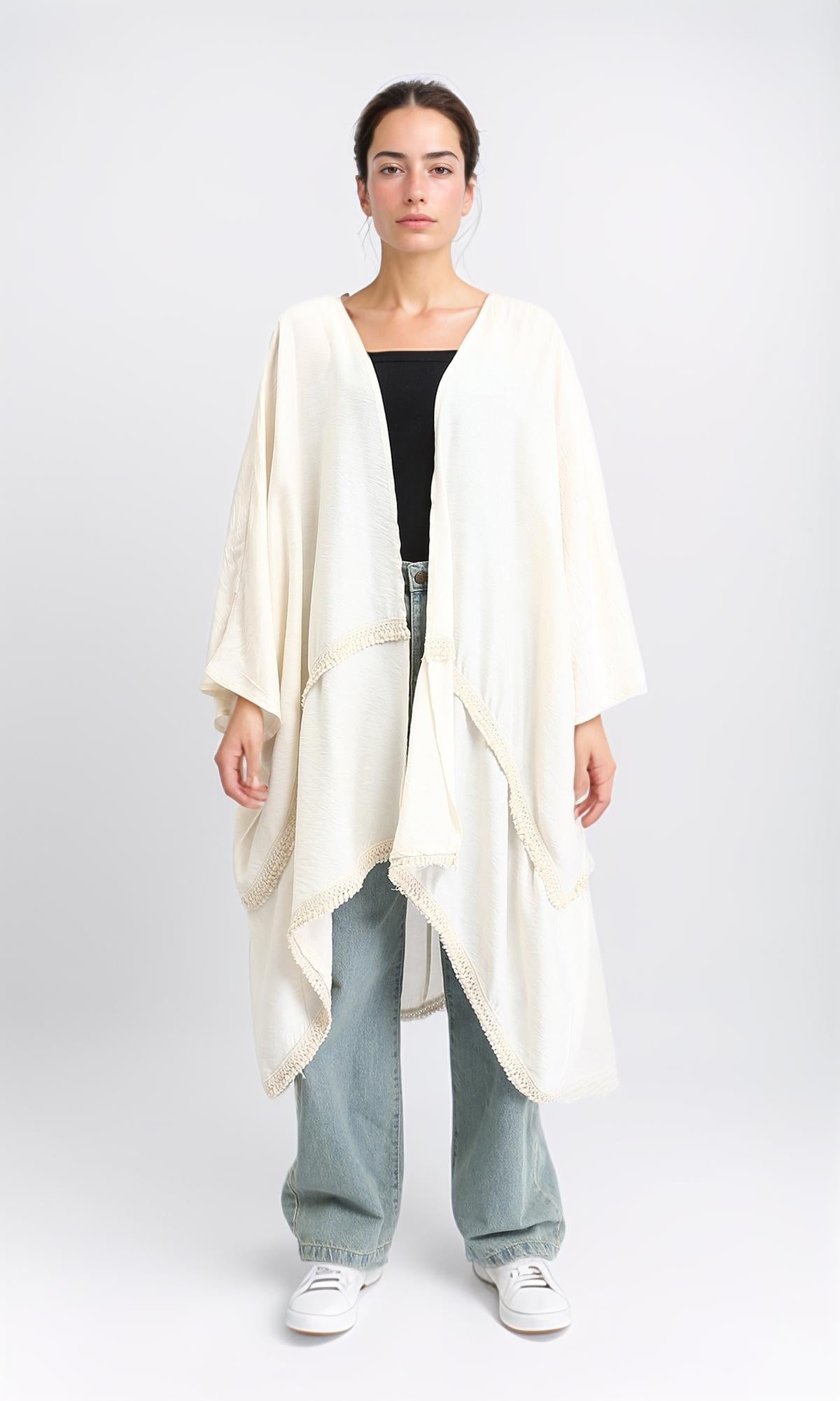 Loose Kimono with Stitched Tassels - Light Beige