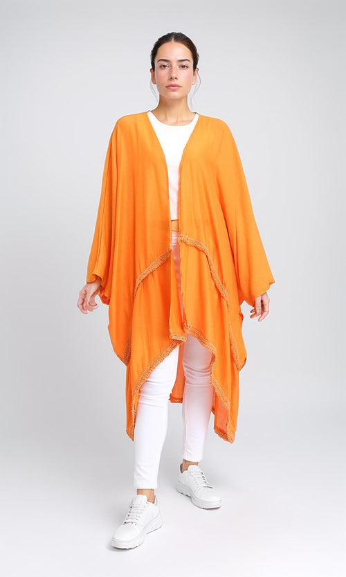 R206346 - Loose Kimono with Stitched Tassels - Orange
