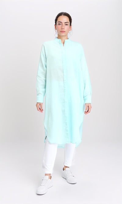 Long Cotton Shirt with Hidden Buttons - Aqua