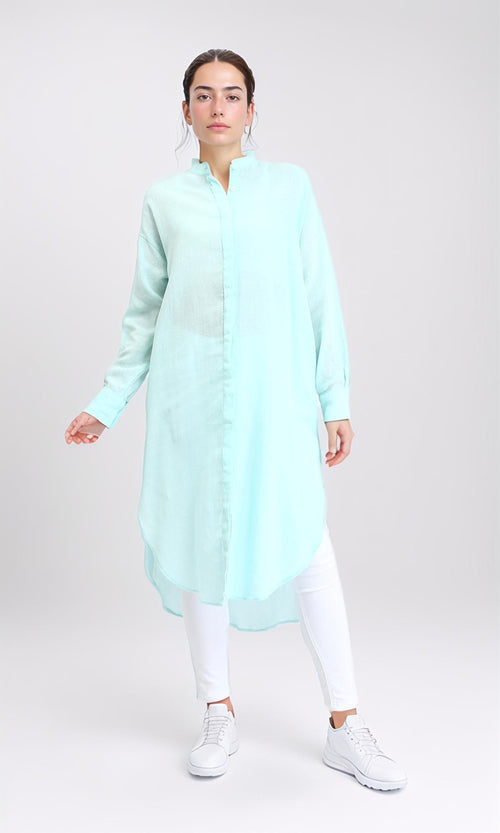 R206351 - Long Cotton Shirt with Hidden Buttons - Aqua