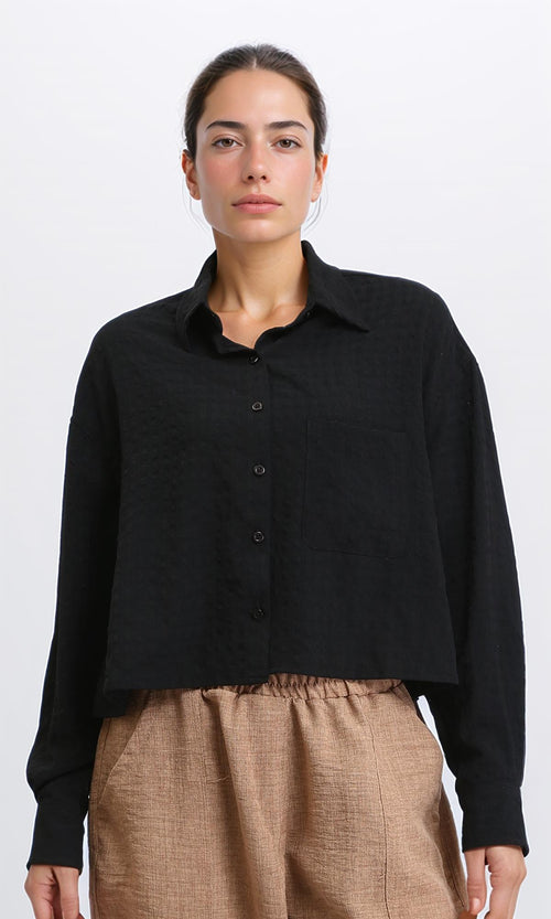 R206354 - Textured Long Sleeves Summer Shirt - Black
