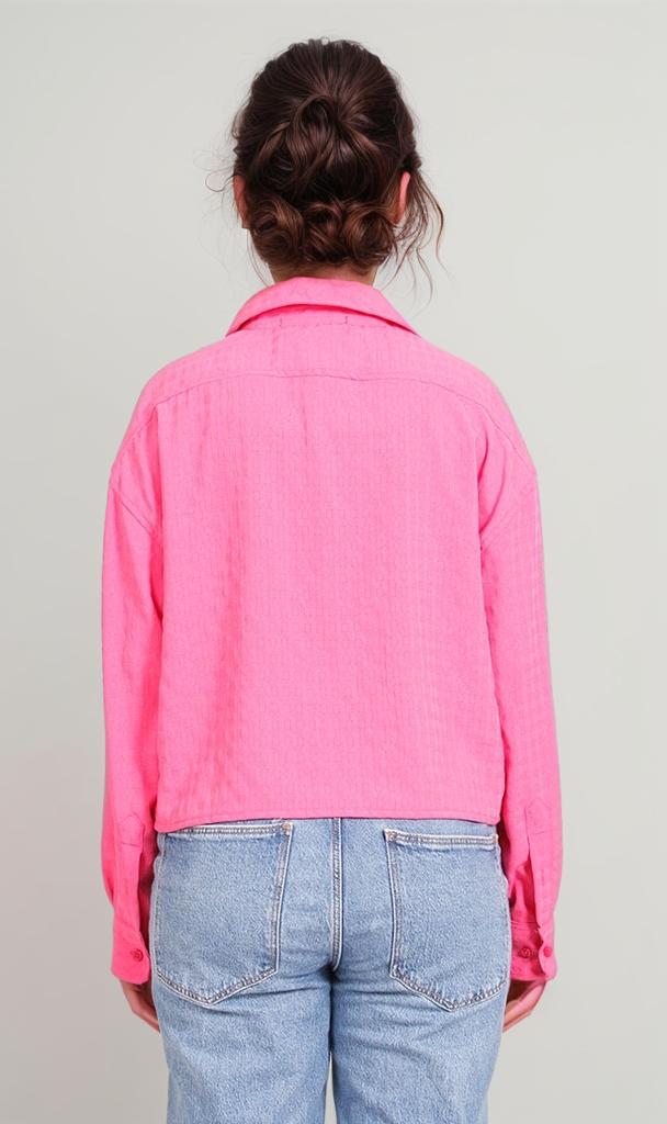 Vibrant Pink Textured Boxy Long Sleeve Shirt