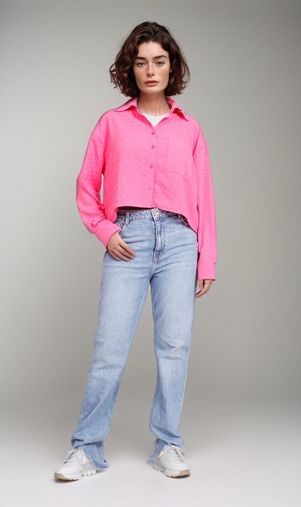 Vibrant Pink Textured Boxy Long Sleeve Shirt