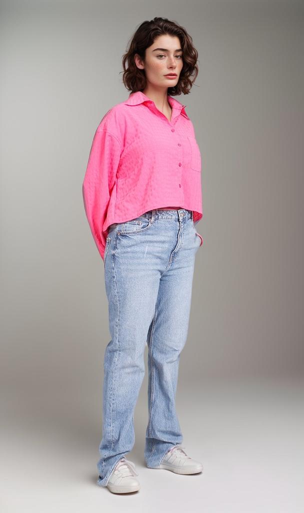 Vibrant Pink Textured Boxy Long Sleeve Shirt