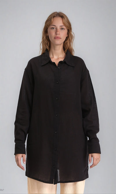 Long Sleeves Solid Relaxed Long Shirt - Black