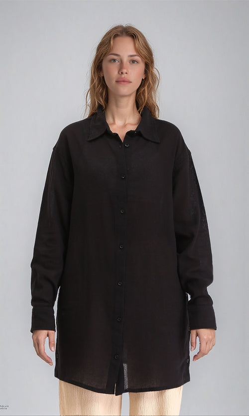 R206363 - Long Sleeves Solid Relaxed Long Shirt - Black