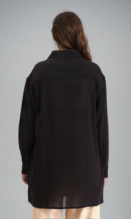 R206363 - Long Sleeves Solid Relaxed Long Shirt - Black