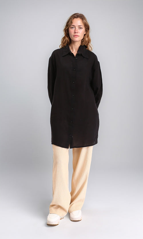 R206363 - Long Sleeves Solid Relaxed Long Shirt - Black
