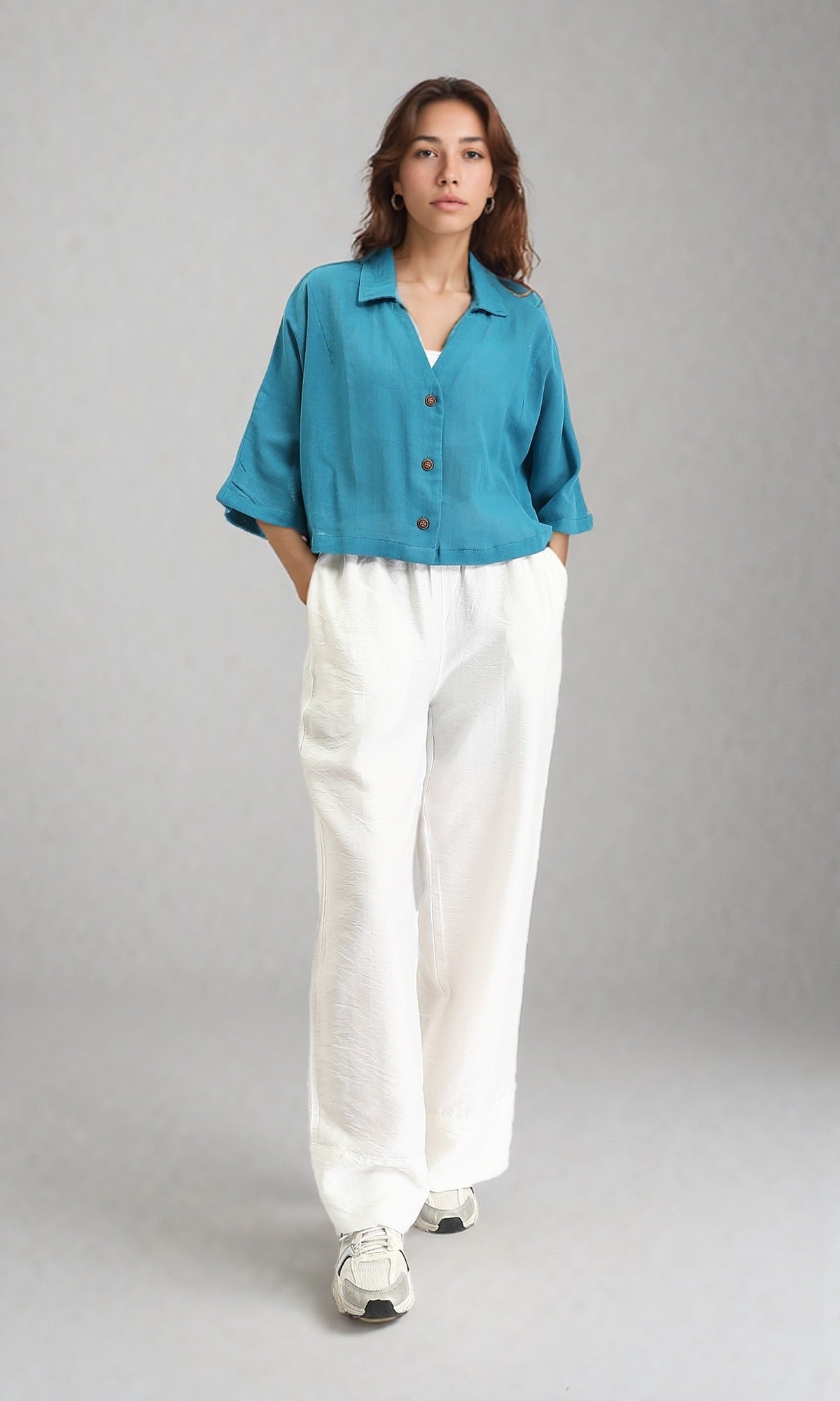 R206367 - Wide V-Neck Buttoned Summer Shirt - Petroleum