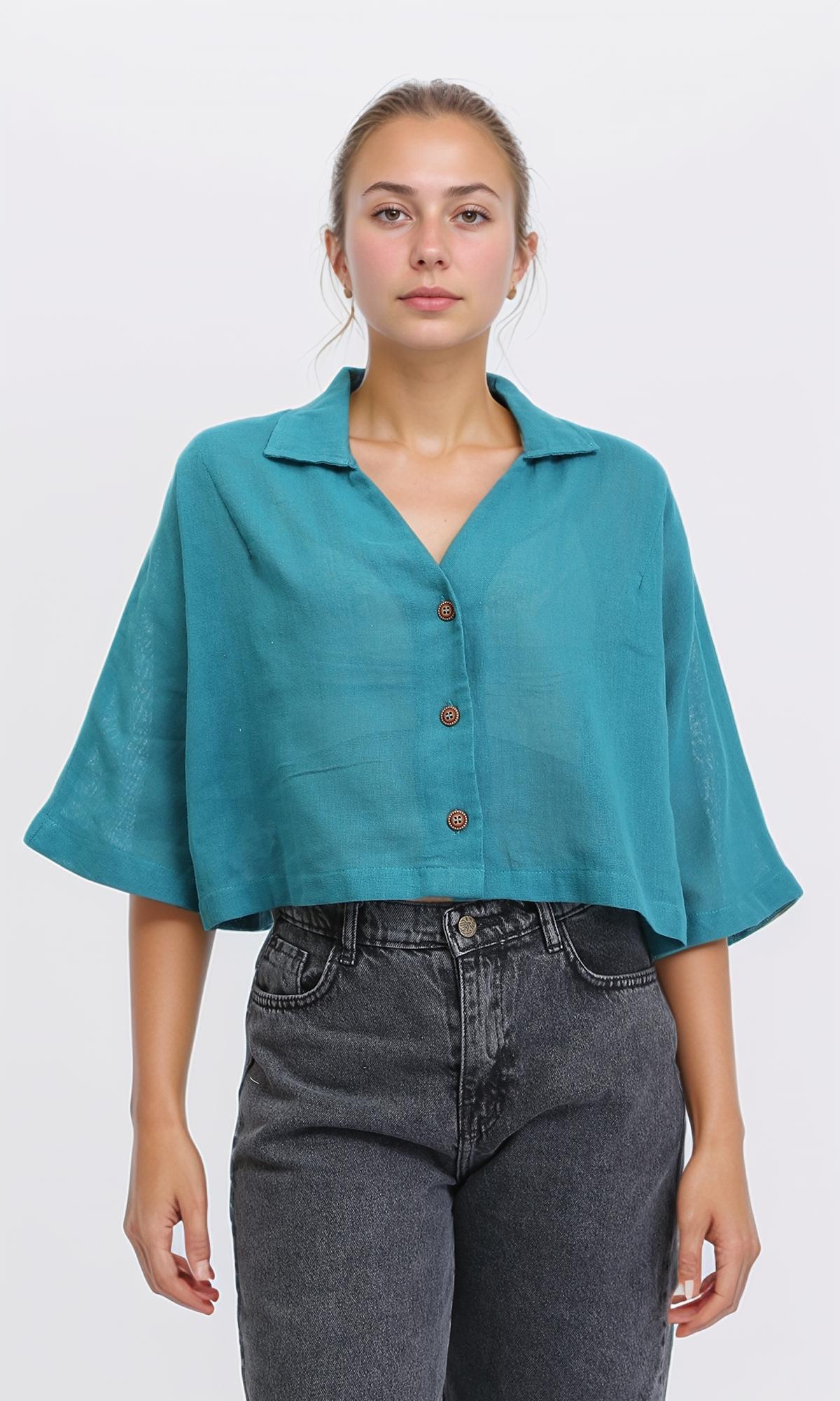 Loose Elbow-Sleeves Textured Short Shirt - Teal