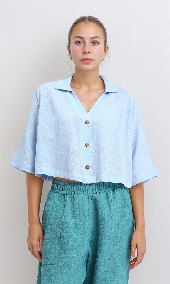 Loose Elbow-Sleeves Textured Short Shirt - Light Blue