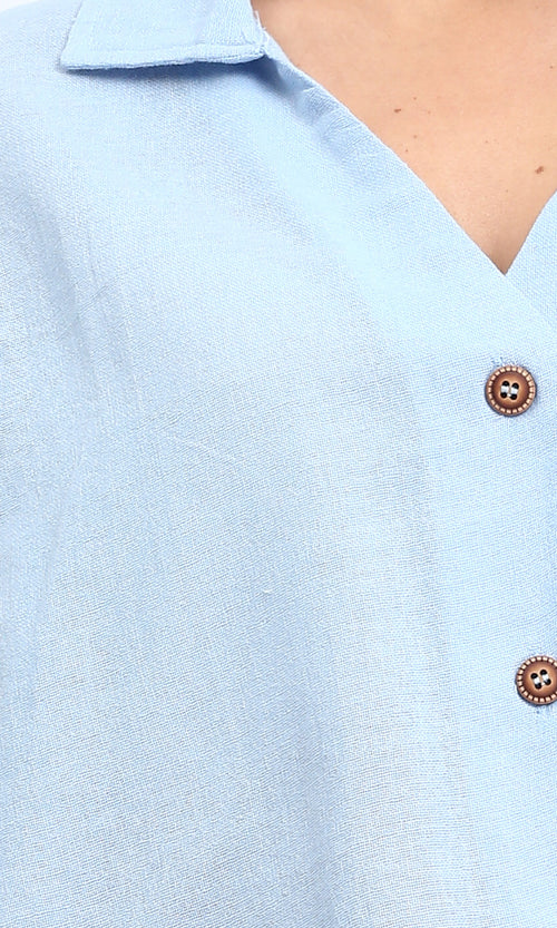 R206369 - Loose Elbow-Sleeves Textured Short Shirt - Light Blue