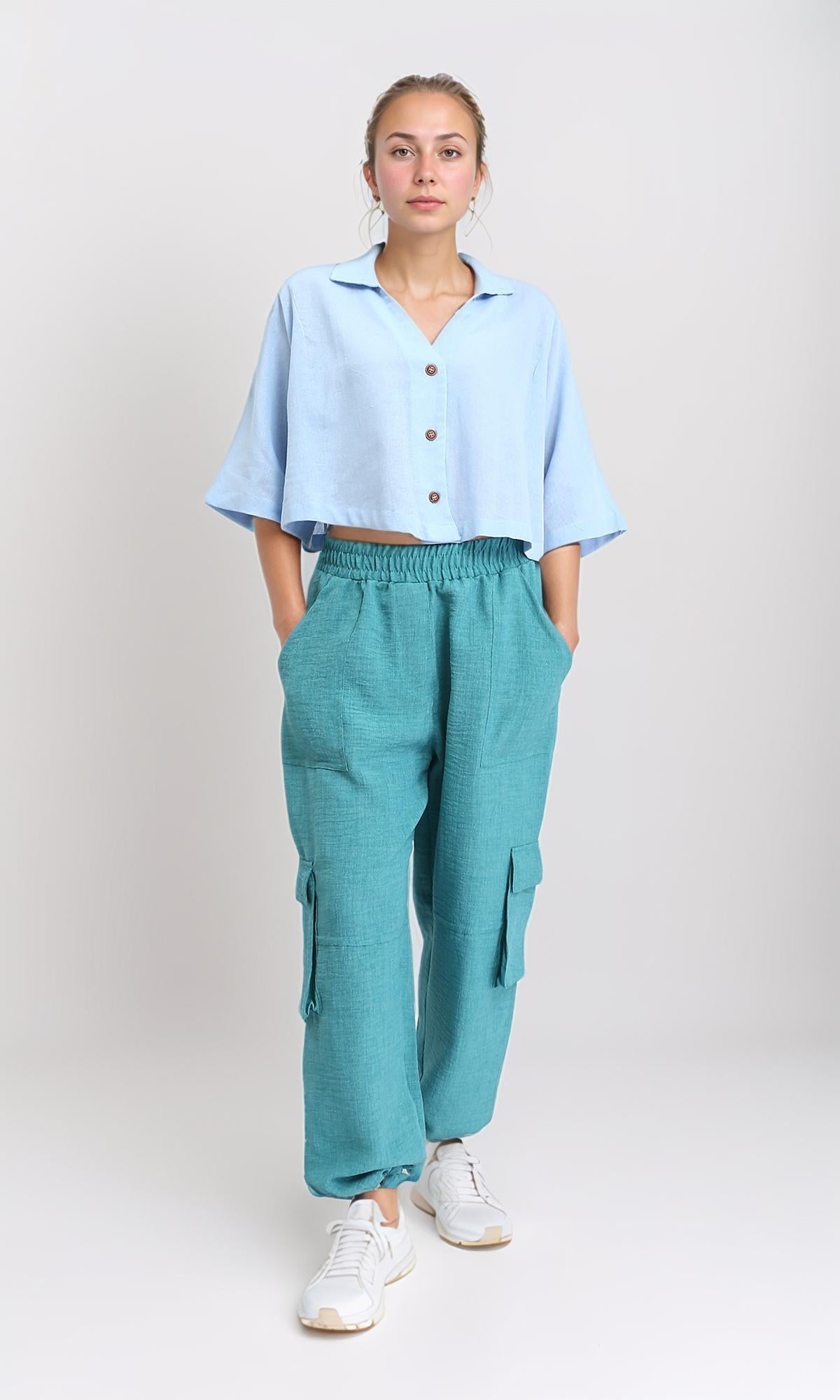 R206369 - Loose Elbow-Sleeves Textured Short Shirt - Light Blue