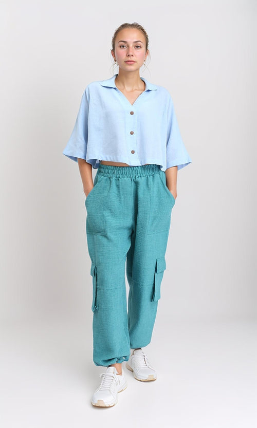 R206369 - Loose Elbow-Sleeves Textured Short Shirt - Light Blue