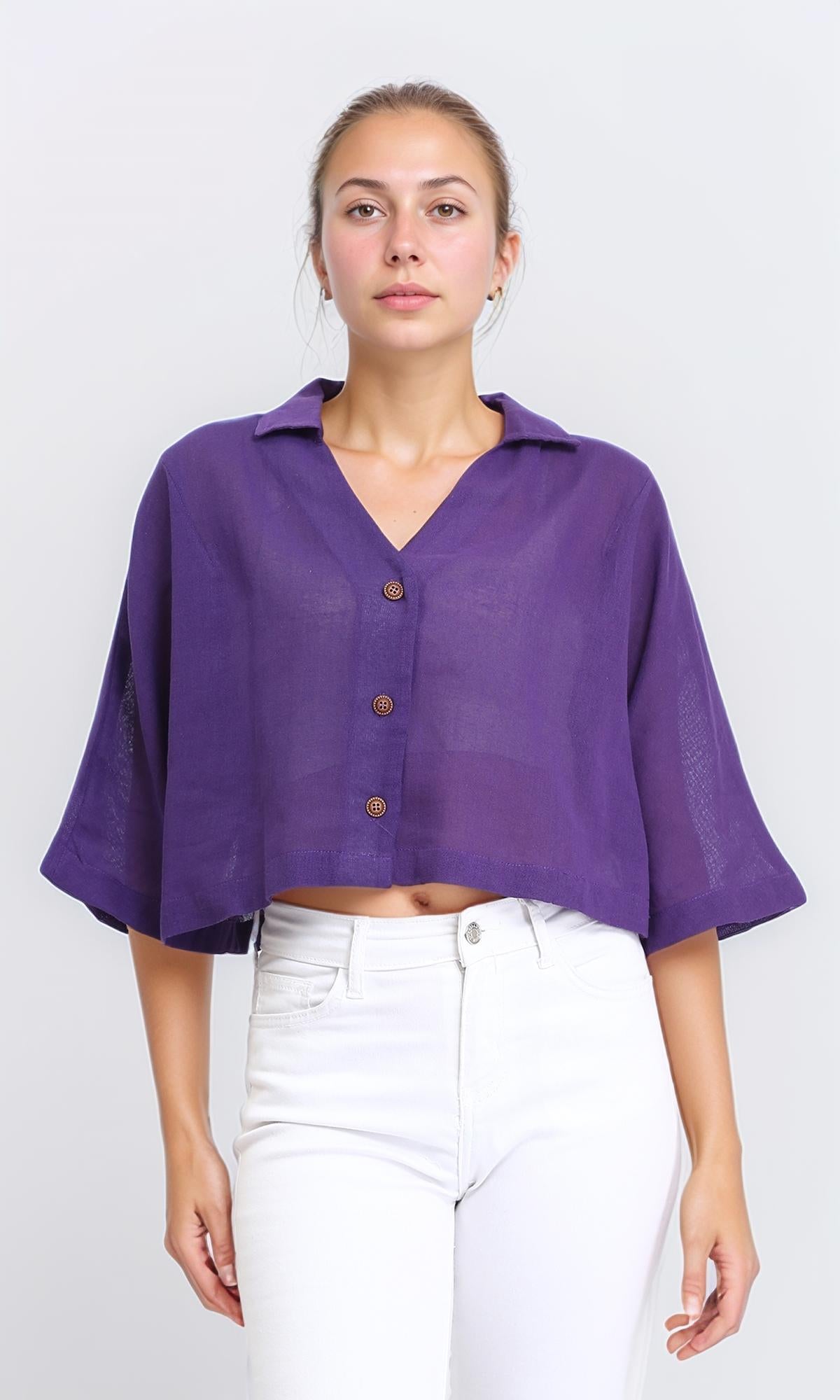 Loose Elbow-Sleeves Textured Short Shirt - Dark Purple