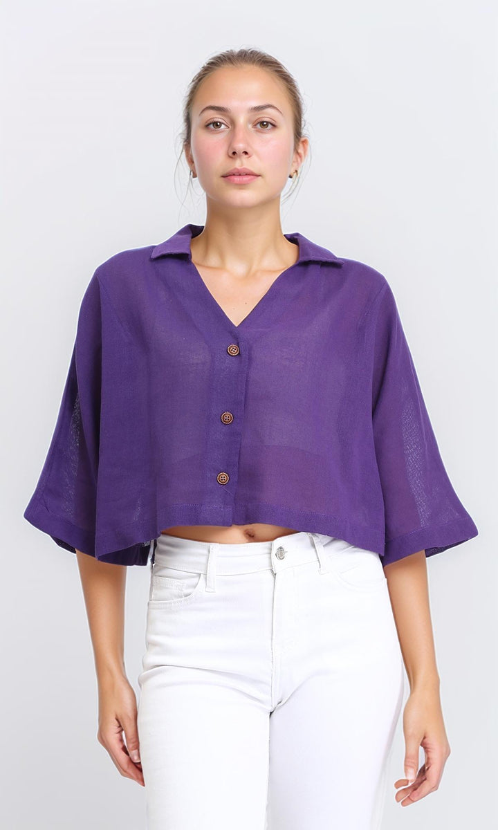 Loose Elbow-Sleeves Textured Short Shirt - Dark Purple